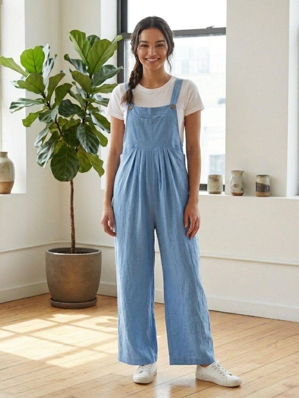 Blue Wide Leg Cotton Overalls Jumpsuit Pockets 3XL